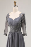 Steel Grey Appliqued A Line Beaded Pleated Mother Of The Bride Dress with Half Sleeves