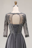 Steel Grey Appliqued A Line Beaded Pleated Mother Of The Bride Dress with Half Sleeves
