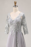 Silver A Line Appliqued V Neck Mother Of The Bride Dress with 3/4 Sleeves