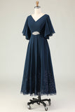 Navy A Line V Neck Long Choir Dress with Embroidery