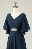 Navy A Line V Neck Long Choir Dress with Embroidery