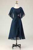 Navy A Line Ruched Chiffon Midi Choir Dress with Beading