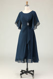 Navy A Line Ruched Chiffon Midi Choir Dress with Beading