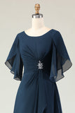 Navy A Line Ruched Chiffon Midi Choir Dress with Beading
