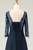 Navy A Line Appliqued Boat Neck Long Choir Dress with 3/4 Sleeves