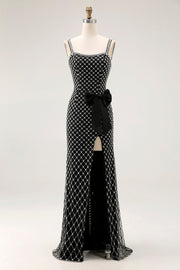 Black Beaded Mermaid Spaghetti Straps Rhinestone Side Bow Long Prom Dress with Slit
