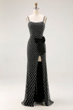 Sparkly Black Mermaid Beaded Bow Long Formal Dress with Slit
