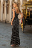 Sparkly Black Mermaid Beaded Bow Long Formal Dress with Slit