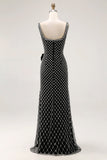 Black Beaded Mermaid Spaghetti Straps Rhinestone Side Bow Long Prom Dress with Slit