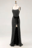 Black Beaded Mermaid Spaghetti Straps Rhinestone Side Bow Long Prom Dress with Slit