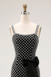 Black Beaded Mermaid Spaghetti Straps Rhinestone Side Bow Long Prom Dress with Slit