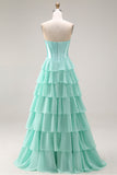 Blue Strapless Corset A-Line Tiered Ruffled Long Prom Dress with Slit