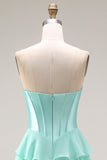 Blue Strapless Corset A-Line Tiered Ruffled Long Prom Dress with Slit