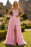 Blue Strapless Corset A-Line Tiered Ruffled Long Prom Dress with Slit