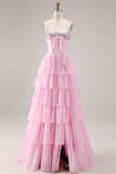 Blue Strapless Corset A-Line Tiered Ruffled Long Prom Dress with Slit