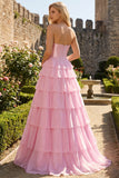 Pink Strapless A-Line Tiered Corset Sequin Long Prom Dress with Slit