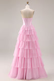 Blue Strapless Corset A-Line Tiered Ruffled Long Prom Dress with Slit
