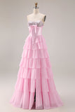 Blue Strapless Corset A-Line Tiered Ruffled Long Prom Dress with Slit