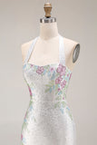 White Beaded Halter Mermaid Satin Long Prom Dress