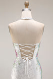 White Beaded Halter Mermaid Satin Long Prom Dress