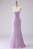 Simple Mermaid Strapless Corset Satin Long Frosted Lilac Bridesmaid Dress