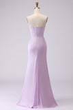 Simple Mermaid Strapless Corset Satin Long Frosted Lilac Bridesmaid Dress