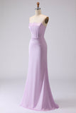Simple Mermaid Strapless Corset Satin Long Frosted Lilac Bridesmaid Dress