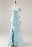 Light Blue Off The Shoulder Ruffled Mermaid Satin Long Bridesmaid Dress with Slit