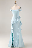 Light Blue Off The Shoulder Ruffled Mermaid Satin Long Bridesmaid Dress with Slit