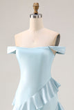 Light Blue Off The Shoulder Ruffled Mermaid Satin Long Bridesmaid Dress with Slit