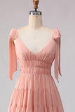 Blush A Line Bow Straps Ruched Open Back Chiffon Long Bridesmaid Dress