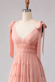 Blush A Line Bow Straps Ruched Open Back Chiffon Long Bridesmaid Dress