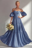 Steel Blue Off The Shoulder Satin A-Line Long Prom Dress with Removable Sleeves