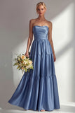 Steel Blue Off The Shoulder Satin A-Line Long Prom Dress with Removable Sleeves