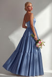Steel Blue Off The Shoulder Satin A-Line Long Prom Dress with Removable Sleeves