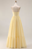 Lemon Sorbet Chiffon Strapless A-Line Corset Long Bridesmaid Dress with Slit