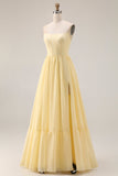Lemon Sorbet Chiffon Strapless A-Line Corset Long Bridesmaid Dress with Slit