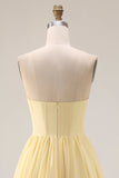 Lemon Sorbet Chiffon Strapless A-Line Corset Long Bridesmaid Dress with Slit
