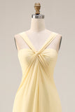 Lemon Sorbet A Line Chiffon Convertible Long Bridesmaid Dress with Slit