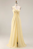 Lemon Sorbet A Line Chiffon Convertible Long Bridesmaid Dress with Slit