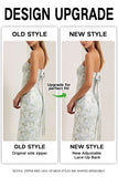 Strapless Sheath Print Long Blue White Floral Satin Bridesmaid Dress with Bow