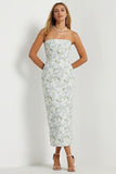 Strapless Sheath Print Long Blue White Floral Satin Bridesmaid Dress with Bow