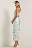 Strapless Sheath Print Long Blue White Floral Satin Bridesmaid Dress with Bow