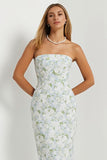 Strapless Sheath Print Long Blue White Floral Satin Bridesmaid Dress with Bow