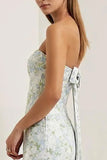 Strapless Sheath Print Long Blue White Floral Satin Bridesmaid Dress with Bow