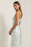 Strapless Sheath Print Long Blue White Floral Satin Bridesmaid Dress with Bow