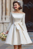 Off the Shoulder White A Line Short Wedding Dress with Long Sleeves