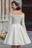 Off the Shoulder White A Line Short Wedding Dress with Long Sleeves