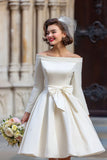 Off the Shoulder White A Line Short Wedding Dress with Long Sleeves