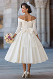 Ivory Corset Off the Shoulder Midi Wedding Dress with Detachable Bow